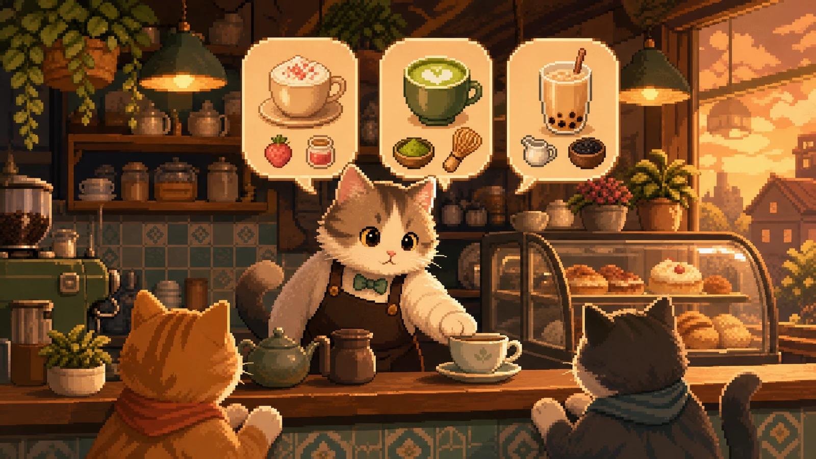 夕方のあたたかな店内で注文を受ける猫のバリスタを描いたピクセルアート