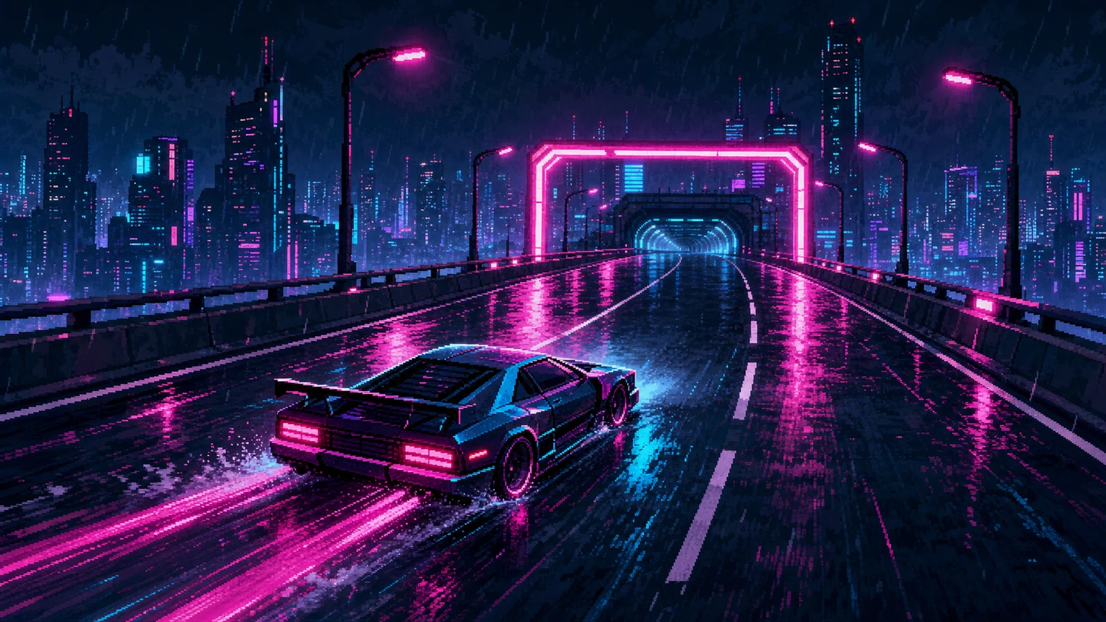 雨のネオンハイウェイを走る青いピクセルアートのレーシングカー