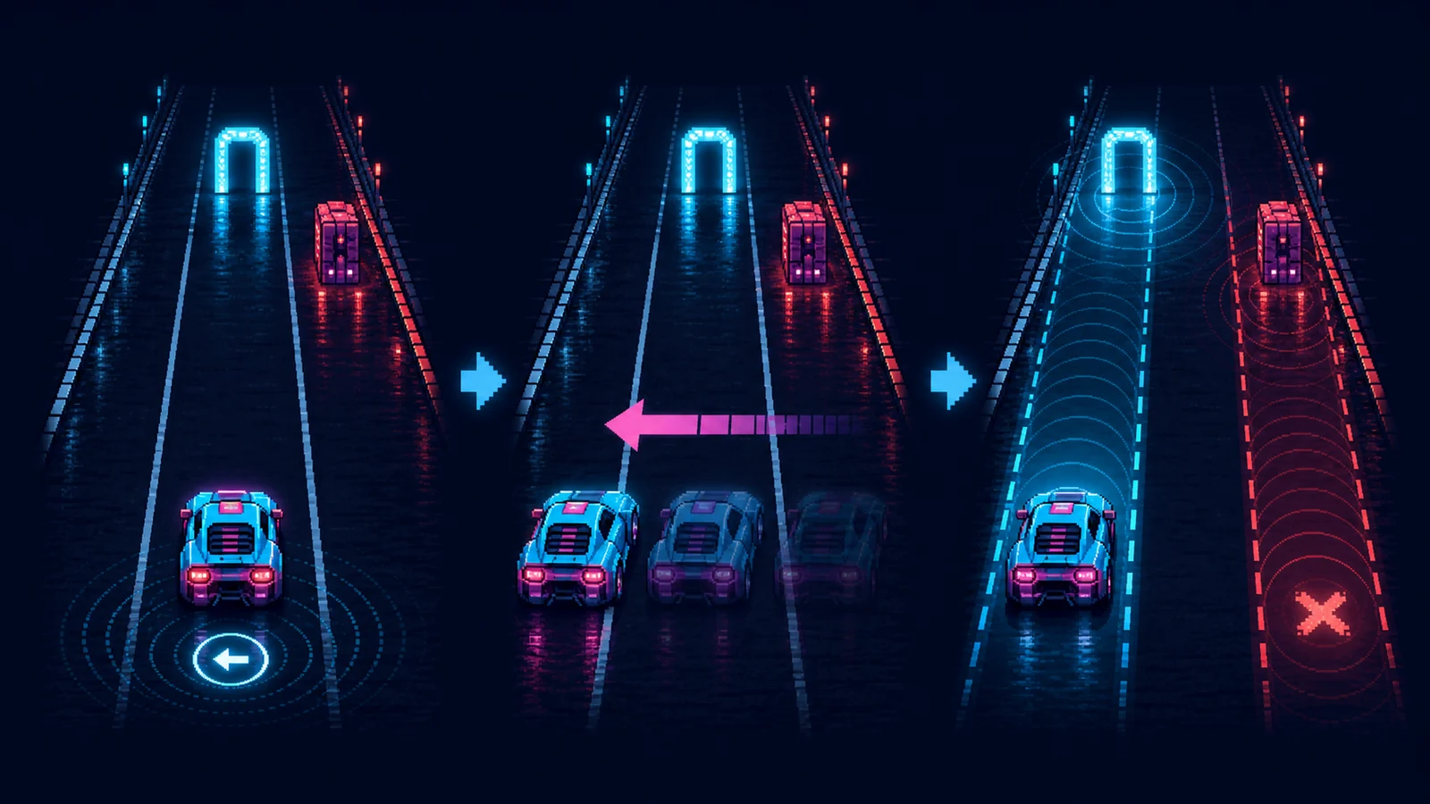 3つのレーンを移動する車と安全・危険領域の図