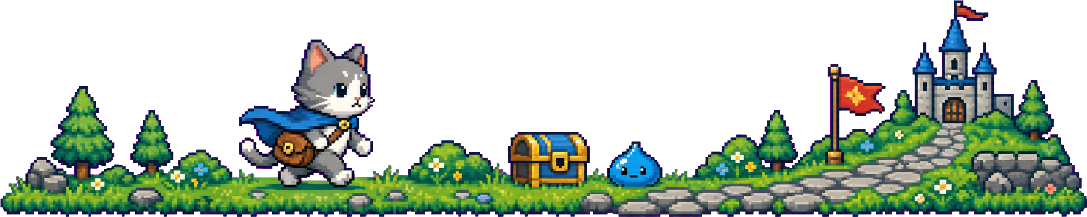 宝箱とスライム、城へ向かって歩くRPG風ドット絵の猫の冒険者