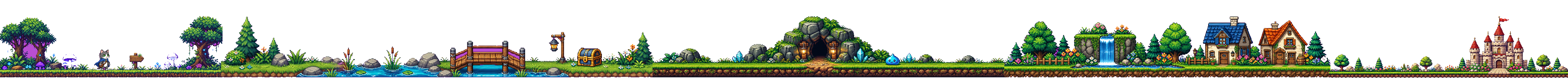 森、川、洞窟、村、城を旅するRPG風ドット絵の猫の冒険者