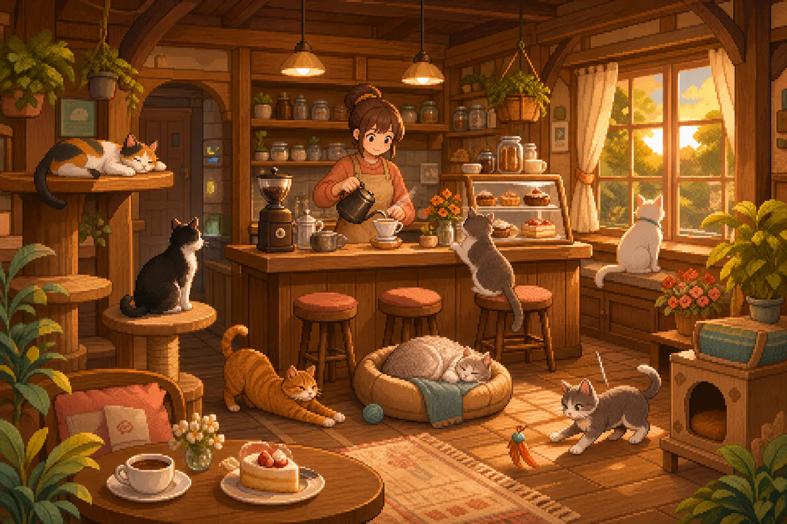 夕日の差す木造カフェで店員とたくさんの猫が過ごすピクセルアート