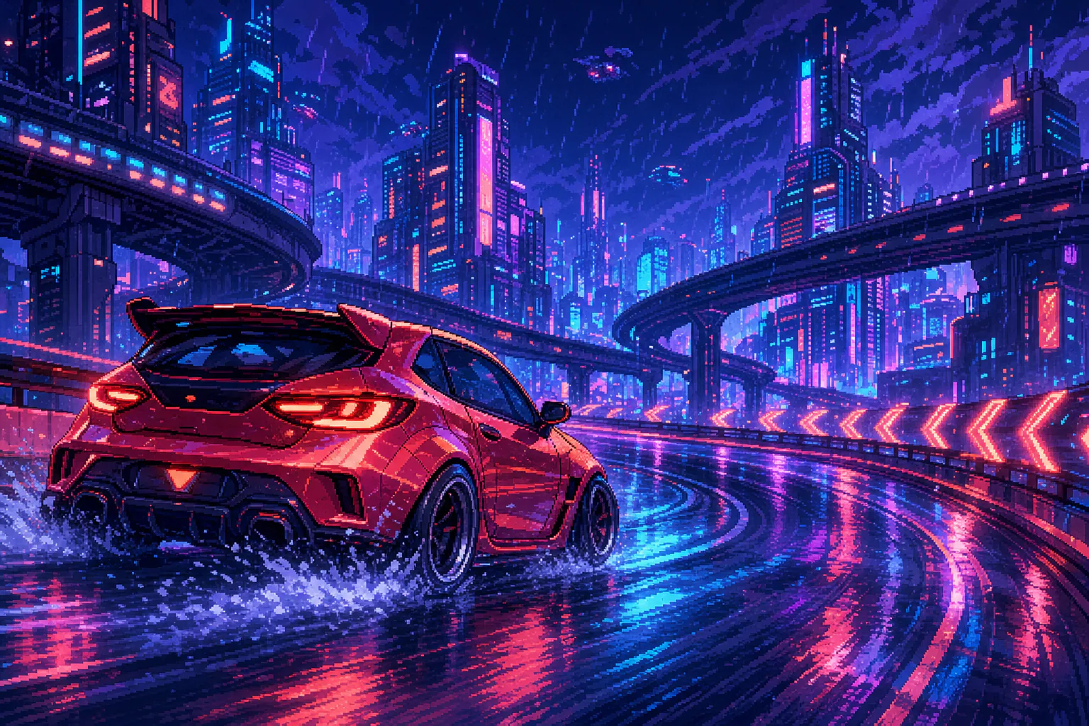 雨のネオン都市を赤いレーシングカーが駆け抜けるピクセルアート