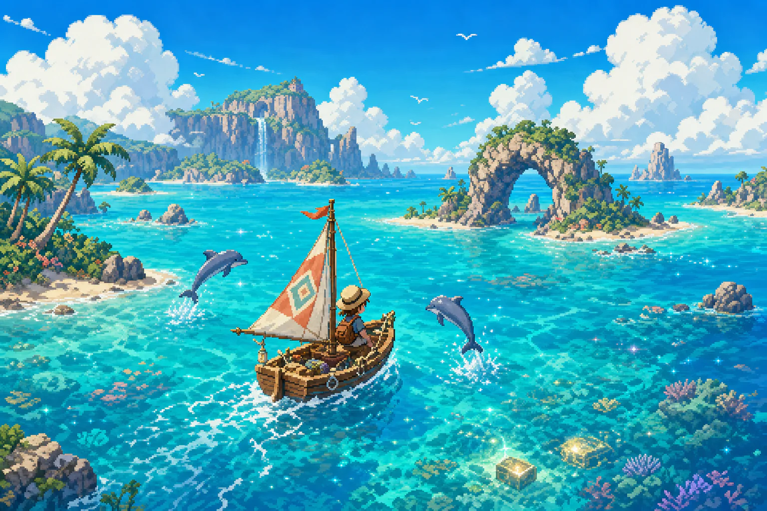 透明な海を小さな帆船が進み、イルカが跳ねるピクセルアート